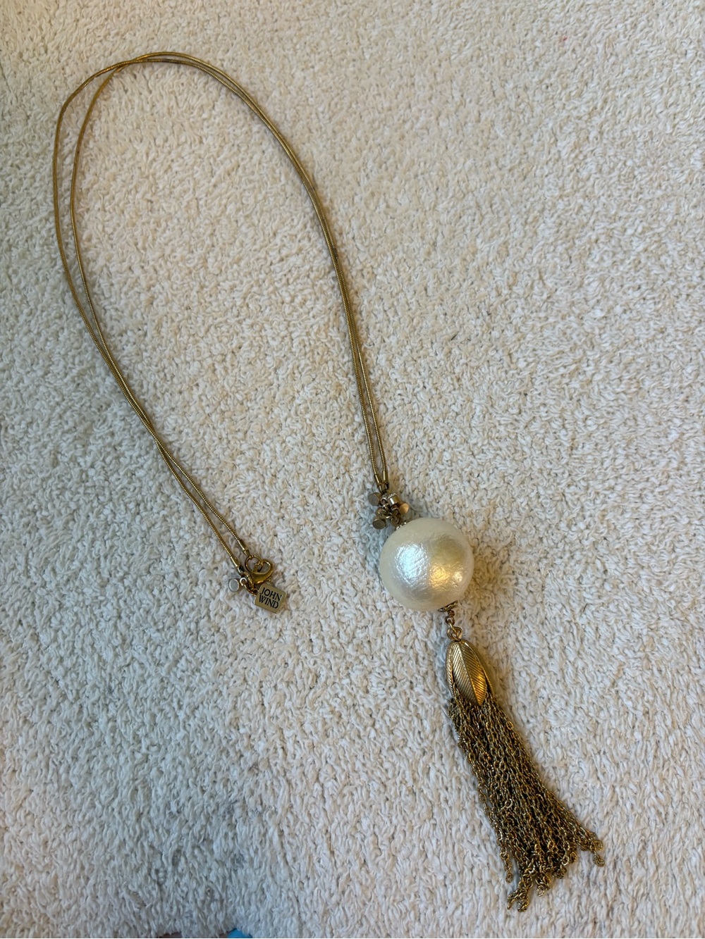 Vintage John Wind Long Gold Tone Necklace with Pearl and Tassel
